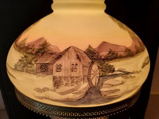 Vintage Fenton Art Glass Old Grist Mill Custard Parlor Lamp - RARE - Hand Painte 3