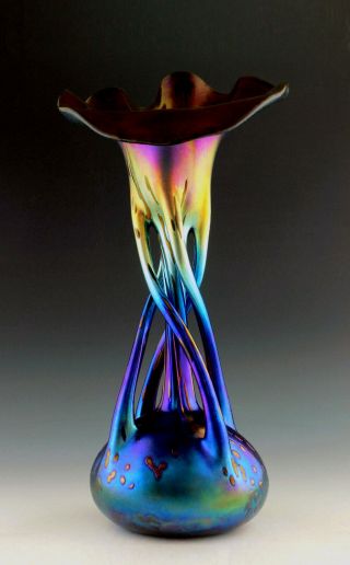 Glamorous Bohemian Art Nouveau Jugendstil Iridescent Glass Vase Tall 13 3/4