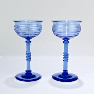 Set 6 Frederick Carder Steuben French Blue Reeded Wine Or Cocktail Glasses - Gl