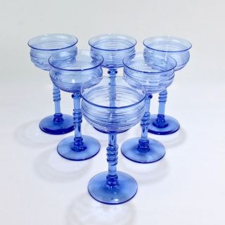 Set 6 Frederick Carder Steuben French Blue Reeded Wine or Cocktail Glasses - GL 3