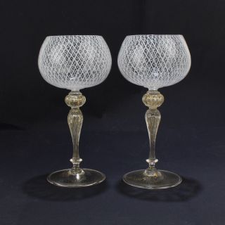 Set Of 8 Venetian Or Murano Glass Reticulo Filigrana Decorated Wine Goblets - Gl