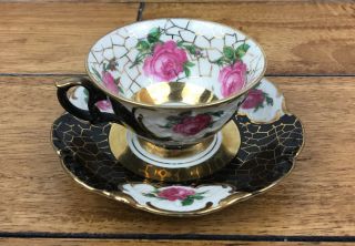 Vintage Winterling Bavaria Germany Tea Cup And Saucer Black Pink Rose Gold Trim