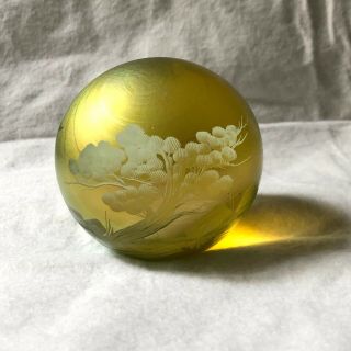 Orient & Flume Studio Art Glass Paperweight Vintage Box Yellow Green Tree Motif