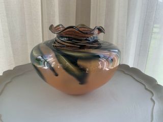 Charles Lotton “sunset” Art Glass Wavy Fluted Leaf Vase Hand Blown Signed 1984