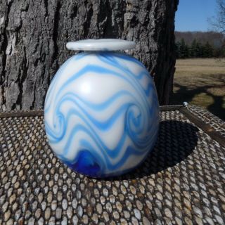 Charles Lotton Signed 1972 - Early Blue Swirl On Opalescent Milk White Vase