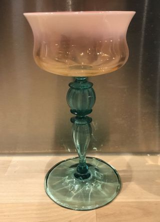 Louis Comfort Tiffany Pink Favrile Iridescent Wine Goblet Lct Green Flower Abby