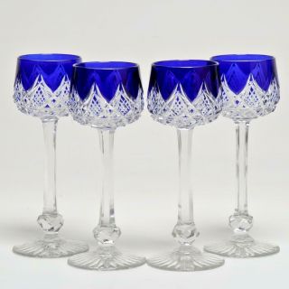Set Of (4) Baccarat " Colbert " Cut To Clear Wine Glasses Cobalt Blue