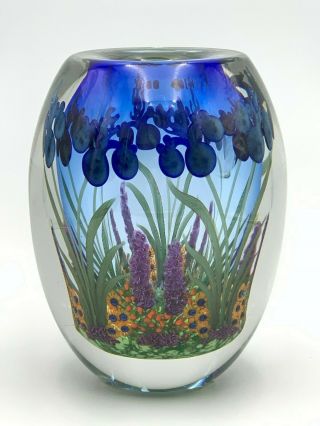 1999 Chris Heilman " Iris Garden " Handblown Studio Art Glass 8 " Vase