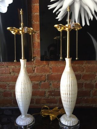 Vintage Pair Italian Murano Venetian Glass Table Lamp Bubbles White/gold Barbini