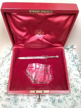 Steuben Excalibur Crystal Paperweight Letter Opener Red Box & Key