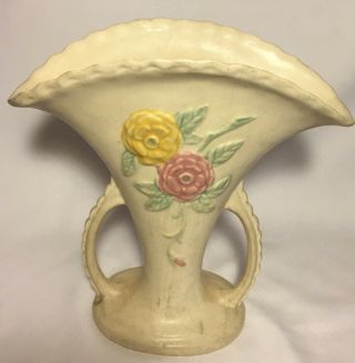 Hull Art Pottery Open Rose Or Camellia Pattern 108 8 - 1/2 " Fan Flower Vase White