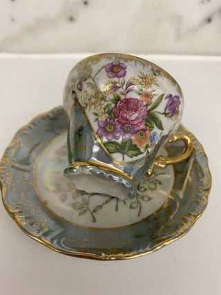 Sterling China Japan.  Tea Cup And Saucer.  Iridescent.  Floral Lusterware 2