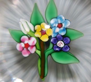 Delicate Paul Ysart Colorful Flower Bouquet Latticino Bowl Art Glass Paperweight