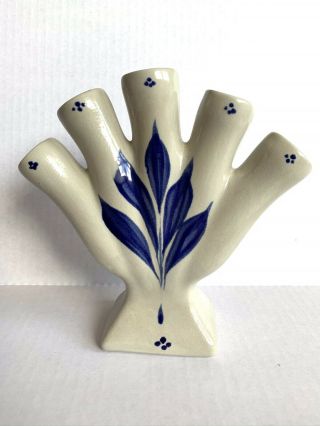 Five Finger Vase Cream Blue Floral Stoneware Pottery Williamsburg Style