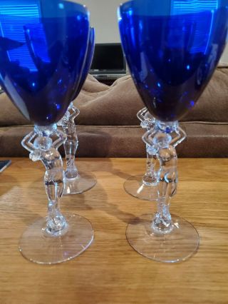 Vintage Cobalt Blue Cambridge Glass Wine Goblets Nude Stems Set Of 4 Euc
