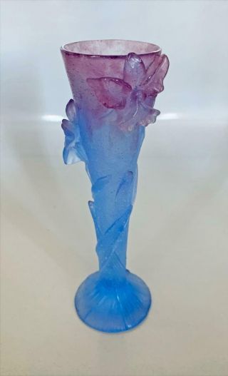 Daum Pate De Verre Bud Vase With Blue Orchid Flowers Attached France Signed Vtg