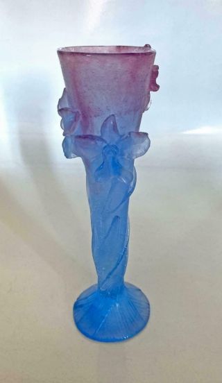 Daum Pate De Verre Bud Vase with Blue Orchid Flowers Attached FRANCE Signed Vtg 2