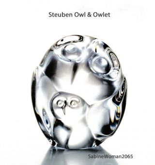 Steuben Glass Owl & Owlet Crystal Ornament Paperweight Heart Art