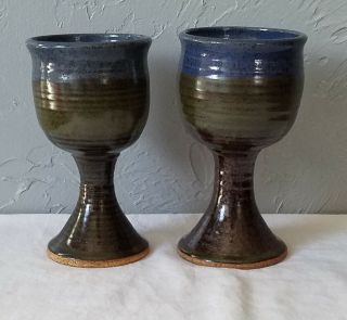 Two Dark Blue And Dark Green Art Pottery Pedestal Wine Glasses