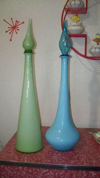 2 Vtg Mid Century Modern Empoli Opaque Glass Genie Bottle Decanter 24.  75 Tall ?