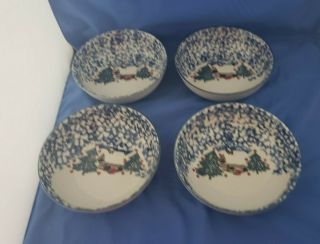 Set Of 4 Tienshan Folk Craft Cabin In The Snow Soup/cereal Bowls Blue Spongeware