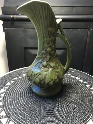 Mccoy Vintage 9” Ewer Pitcher Handled Vase Grape Leaf Design Dark Green