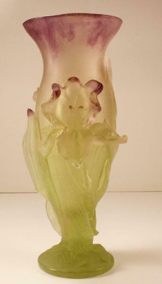 Daum Fleur Iris Flower Pate De Verre Crystal Vase,  11 Inches Tall