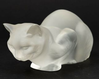 Signed Lalique France Frosted Crystal Crouching Cat Figurine 9.  5 " Long 11602