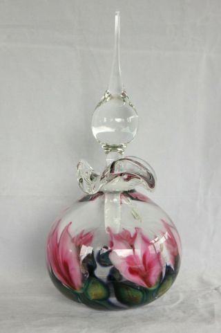 STUNNING LARGE LOTTON ART GLASS CASED PINK WHITE FLORAL 1998 PERFUME BOTTLE 2