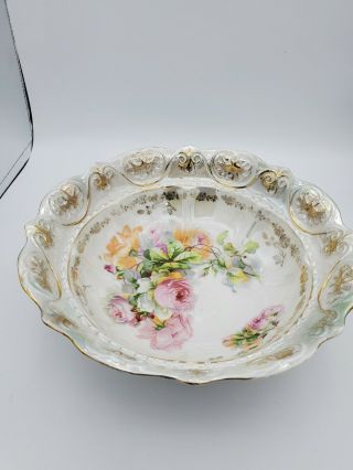 Vintage Mw & Co.  Germany Hand Painted Flower Motif Large Bowl 2.  75  T 9  W