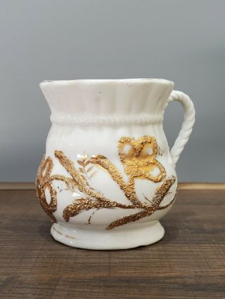 Vintage White Porcelain Pottery Cup Golden Raised Flower Decor 3.  25  T