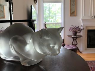 Lalique France Frosted Crystal Glass Crouching Cat Sculpture Vintage