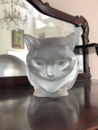 Lalique France Frosted Crystal Glass Crouching Cat Sculpture Vintage 3