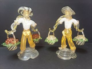 Pair Vintage Murano Italian Art Glass Flower Vendor Figurines Gold Fleck Old