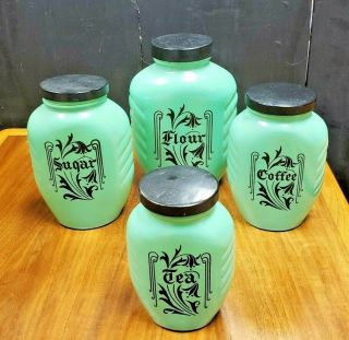 4pc Antique Vintage Fleur - De - Li Atlas Glass Co Jadeite Green Glass Canisters