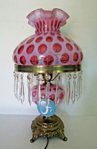 Fenton Coin Dot Cranberry Opalescent 19 1/2 " Electric Lamp With Prisms