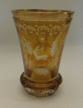 Nineteenth Century Bohemian Cut To Clear Amber Glass Vase - Deer And Bird