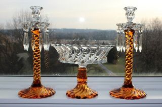 Fostoria Queen Anne Amber & Crystal 2412 Low Console Bowl & Lustre Candlesticks