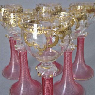 Set 6 Vintage Moser 8 " Wine Glasses Ornate Gilt Paste Scrolls Pink Spiral Stems