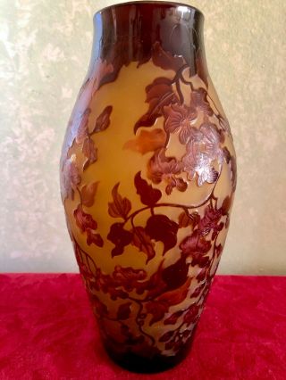 Vintage Galle ' - Style,  Etched Cameo Art Glass Vase w/ Wisteria Pattern. 2