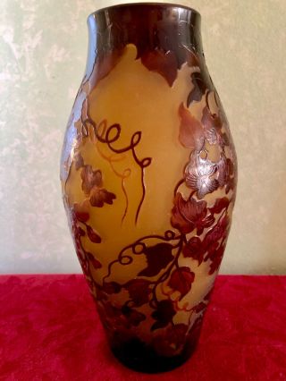 Vintage Galle ' - Style,  Etched Cameo Art Glass Vase w/ Wisteria Pattern. 3