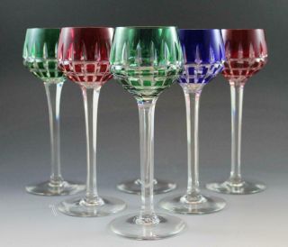 Set Of 6 St Louis Crystal Hock Wine Glasses Manhattan Pattern Blue Red & Green