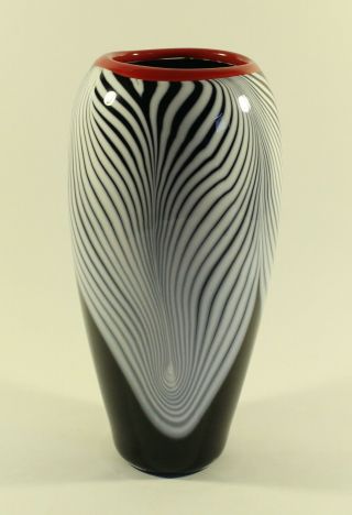 Dan Bergsma Chihuly Studio Art Glass Black White Pull Feather Vase Pilchuk