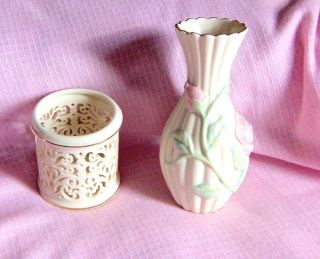 Lenox Bud Vase With Pink Rose And Pierced Votive Candle Holder