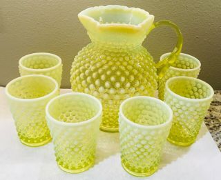 Fenton Hobnail Water Pitcher And 6 Glasses Topaz Opalescent 9” Tall 72 Oz.