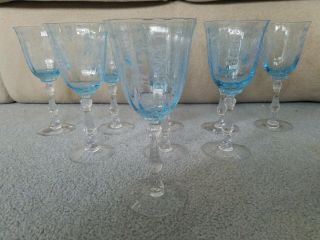 9 Fostoria Navarre Blue Crystal Glasses Water Goblet Etched 7 5/8 Wine / Water