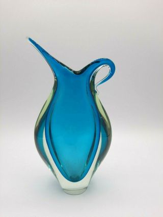 Vintage Murano Sommerso Turquoise Blue Green Clear Art Glass Pitcher Vase
