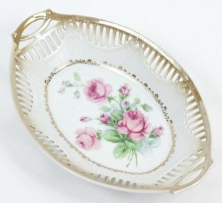 Antique Schumann Bavaria Plate Reticulated Edge With Gold Trim Pink Rose Platter