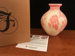 Fenton Ltd Ed Sand Carved Cameo Glass Pink Burmese Vase