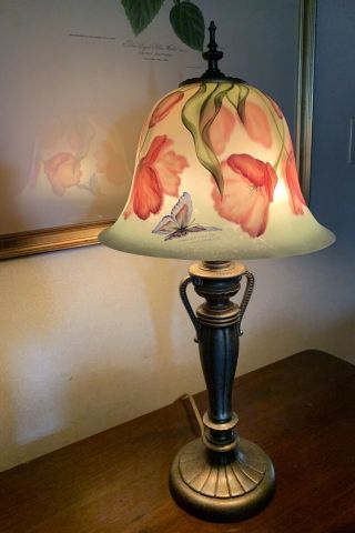 Fenton “tulips” Reverse Hand - Painted Art Glass Lamp 1999 24”h Ltd.  Ed.  366/750
